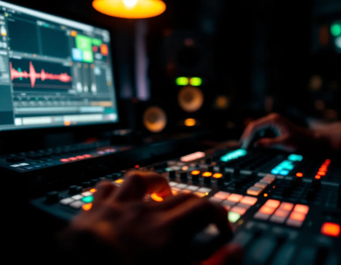 An engineer setting levels on a mixing console beside an on-screen waveform